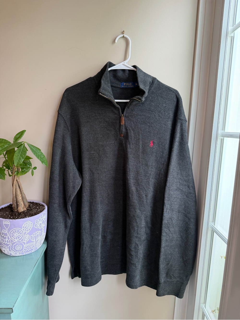 Polo by Ralph Lauren Men’s Charcoal Half-Zip Sweater with Pink Logo